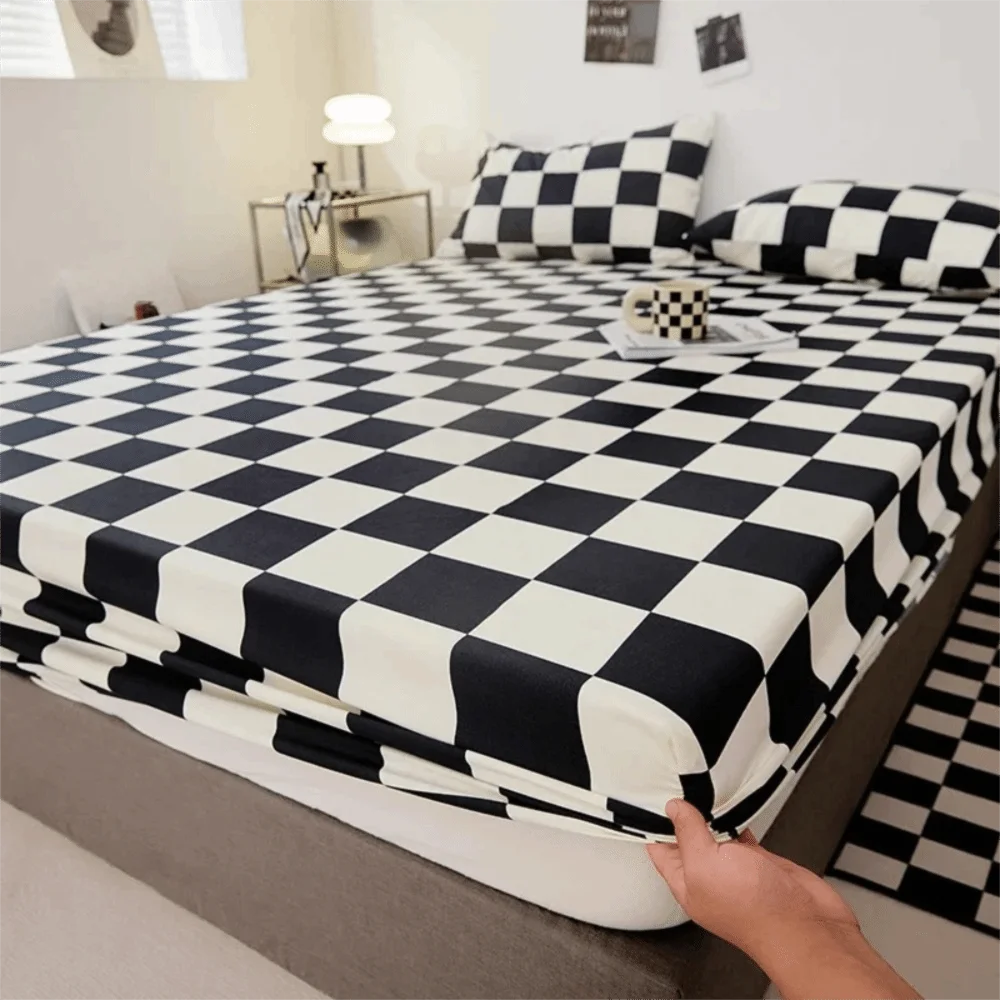 

Checkered Pattern Fitted Bed Sheet Elastic Band Breathable Mattress Cover All-inclusive Washable Mattress Protector Single Bed
