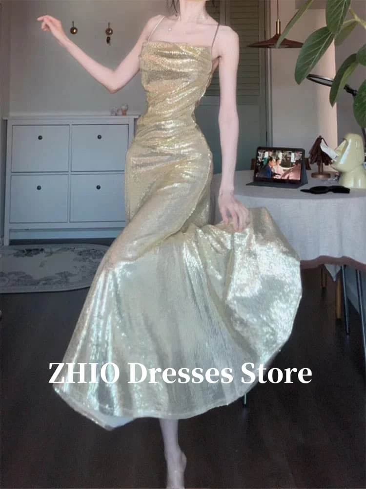 ZHIO Sparkly Gold Mermaid Evening Party Dresses Champagne Glitter Ankle Length Slim Lady Formal Prom Gowns Customized Straps