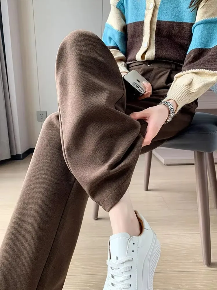 سراويل نسائية مستقيمة الساق، سراويل فضفاضة غير رسمية واسعة الساق، حزام خصر مرن قابل للتعديل للسيدات، سراويل بدلة بطول الأرض