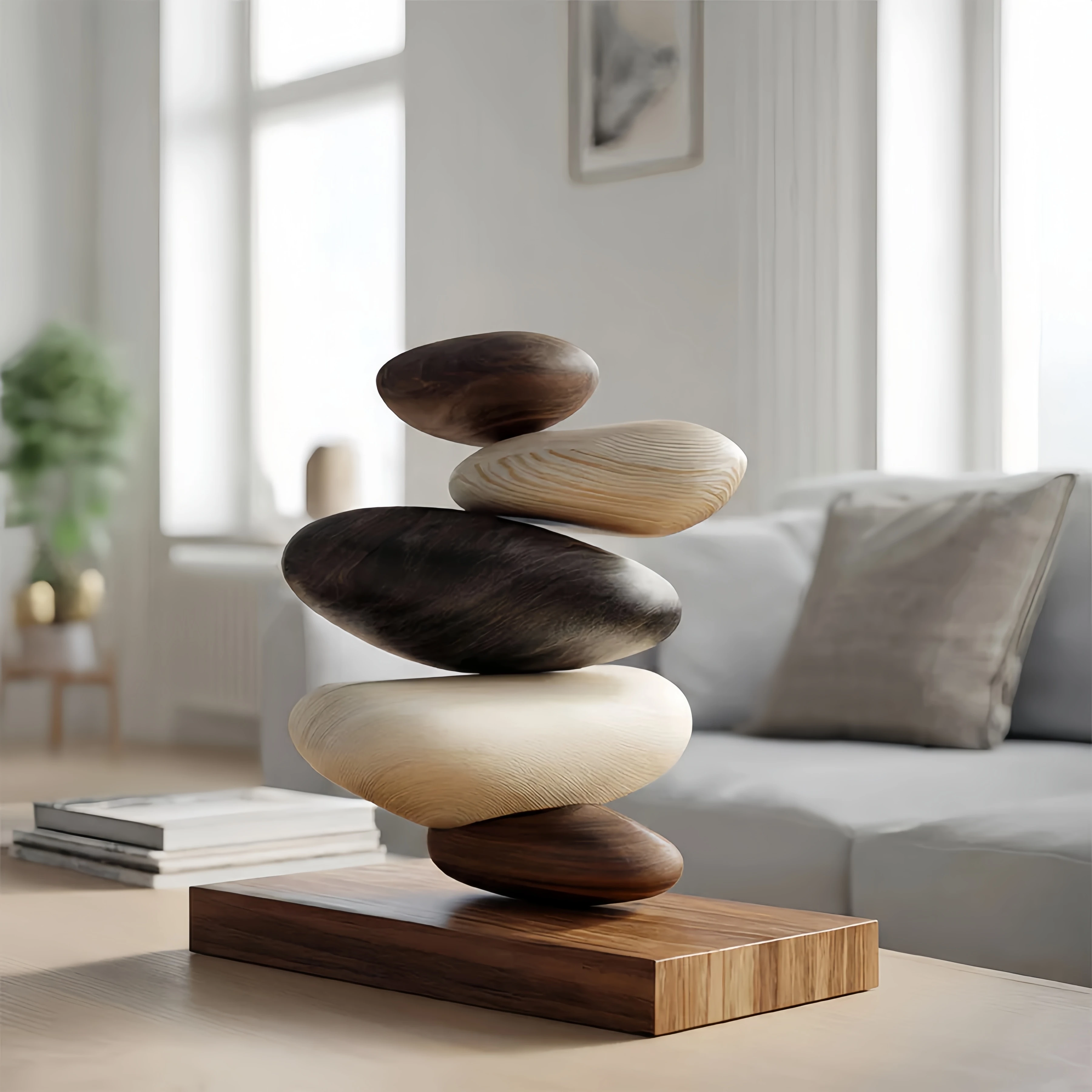 Stacked Balance Stone Engraved Handmade Wooden Sculpture Zen Tabletop Decor Office Study Room Spa Housewarming Gift