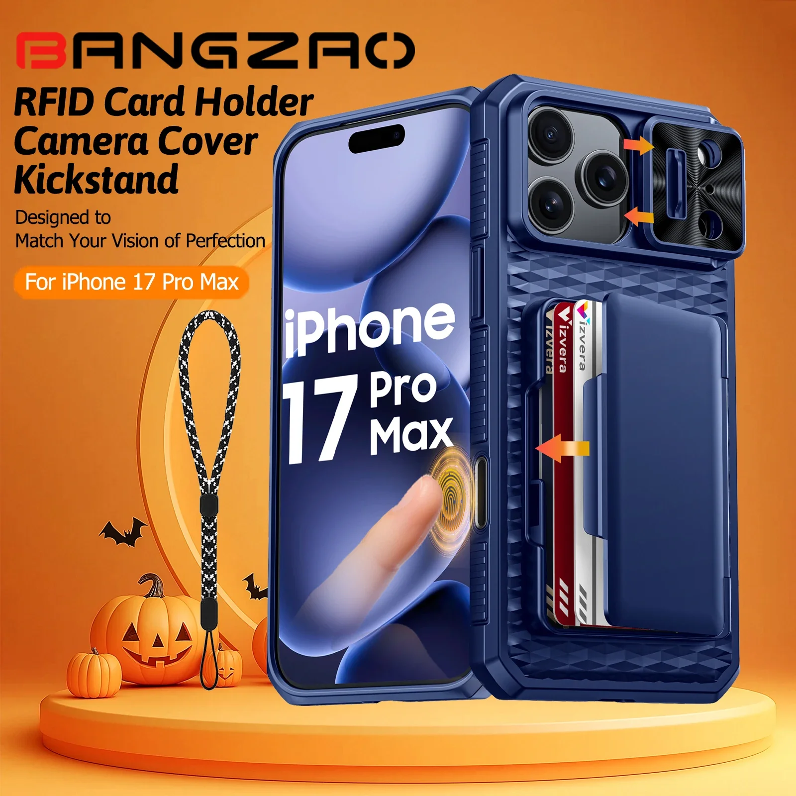 هدايا الهالوين مع حامل بطاقات وغطاء كاميرا منزلق وحامل لهاتف iPhone 17 Pro Max، حافظة محفظة PC+TPU مضادة للسقوط - أزرق #1