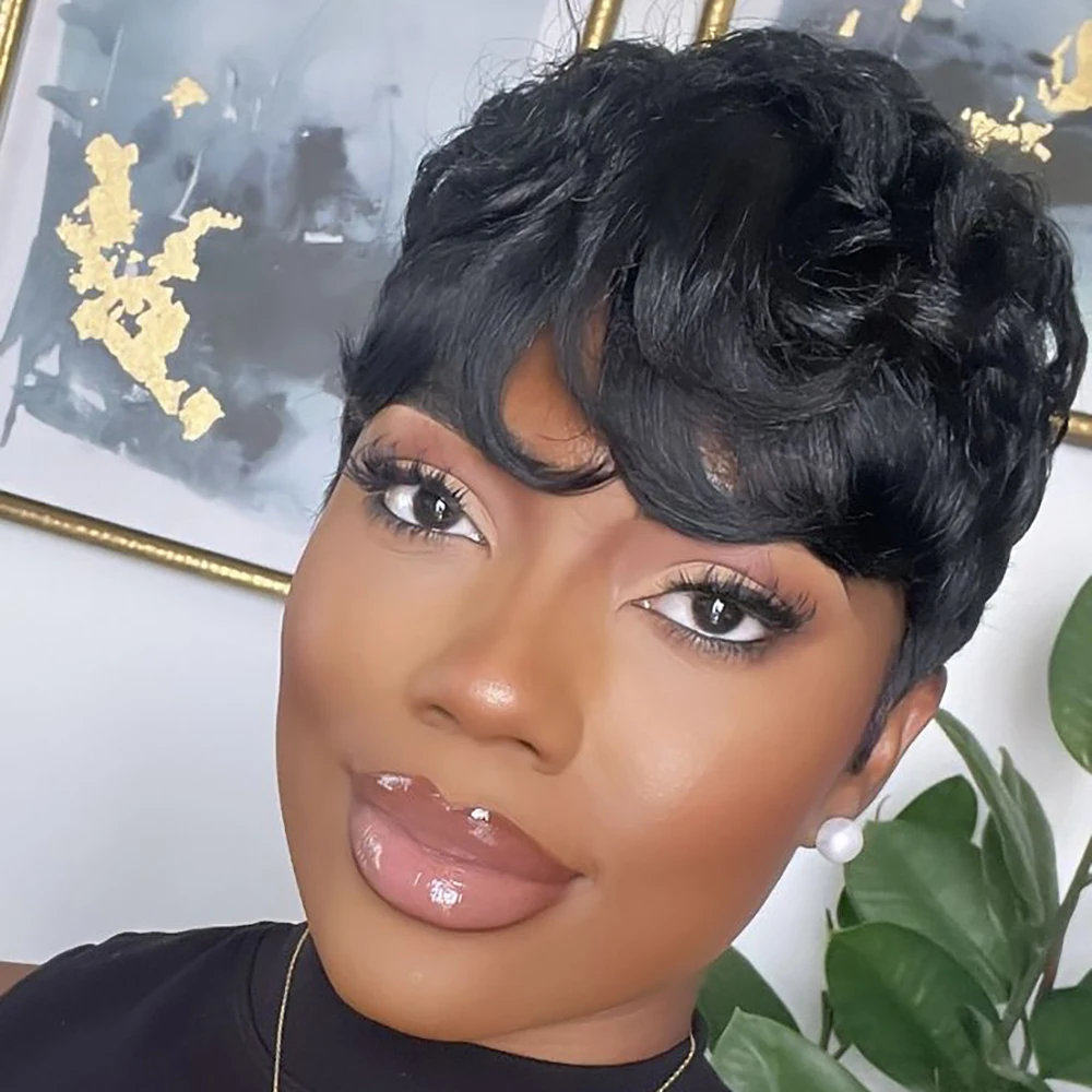 Короткие прямые яичные вьющиеся человеческие волосы Парики Пикси Боб Стрижка Бразильские волосы Машинное производство для женщин Предварительно выщипанные волосы Готовые к ношению