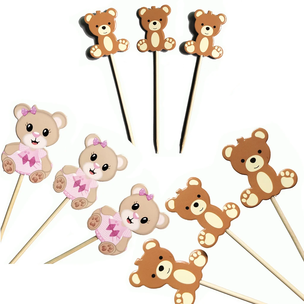 10pcs Cartton Bear Disposable Fruit Cake Bamboo Sticks Baby Bear Boy Girl Birthday Party DIY We Can Bearly Wait Party Babyshower