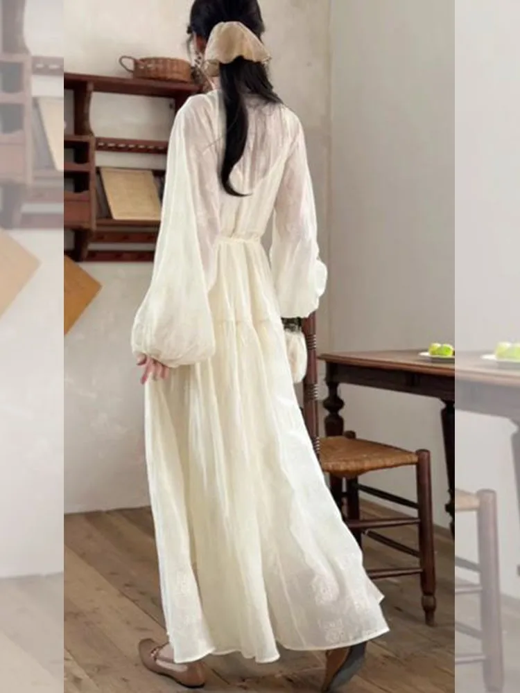 Summer Classic Style Elegant Socialite French White Waisted Long Sleeve Sun Dress for Women