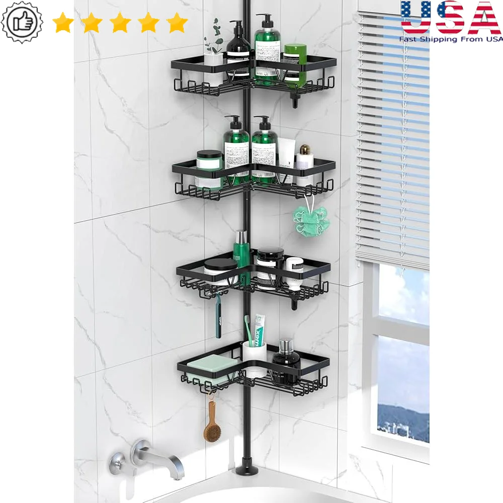 

4 Tier Corner Shower Caddy Tension Pole Rustproof Stainless Steel Bathroom Organizer Adjustable Height Shelf with Hooks Shower