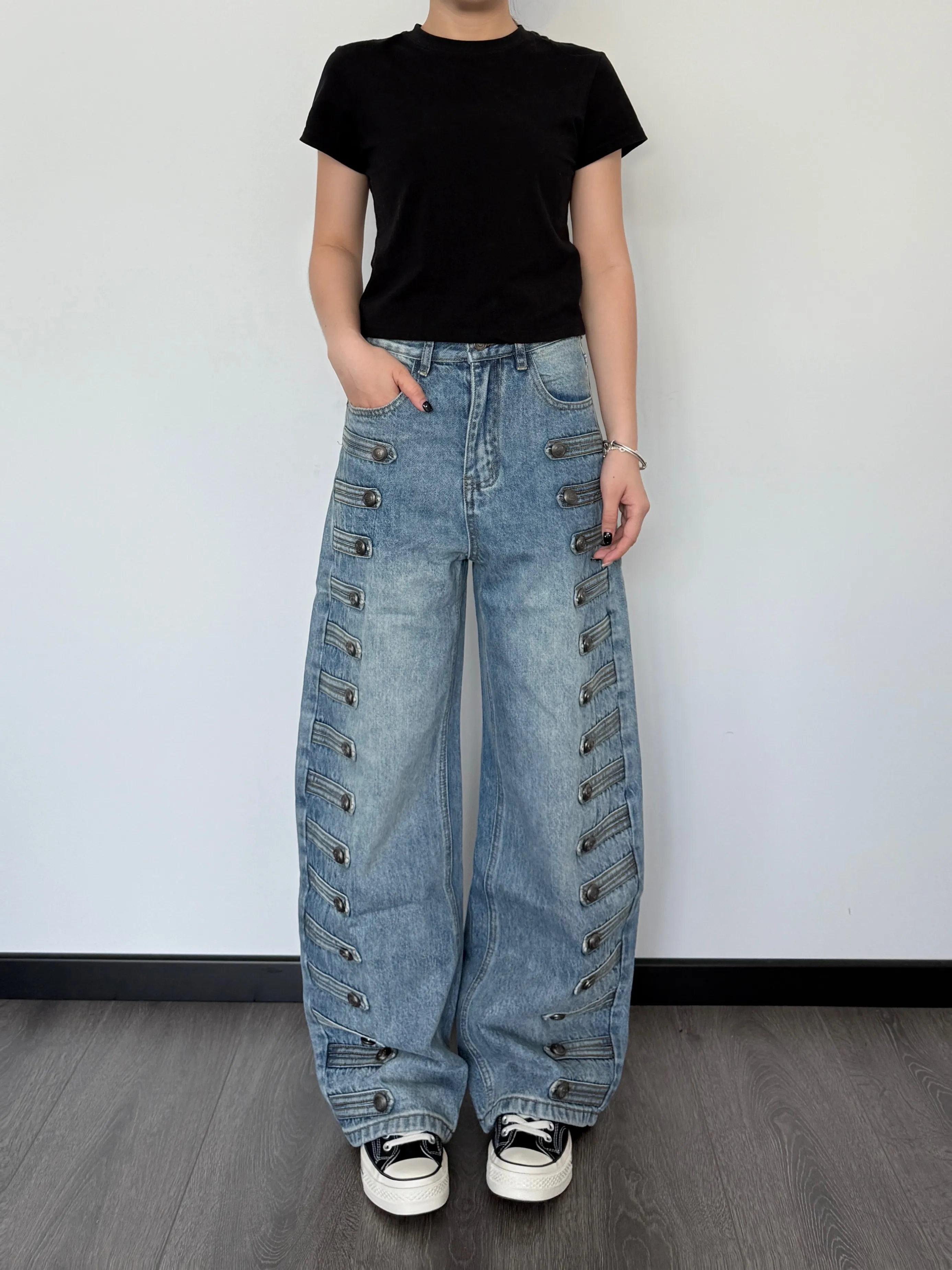 Loose Fit High Waist Wide Leg Jeans Women's New Style American Napoleon Court Style Jeans Metal Buckle Design Casual Trousers