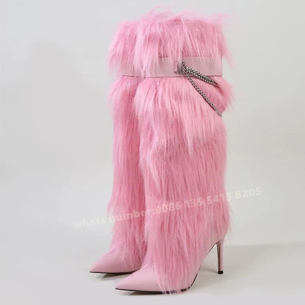 Fluffy Red Stiletto Knee High Boots Pointy Toe Plush Fur Chain Decor Women's Boots Winter 2025 Thin Heels Plus Size Casual Shoes