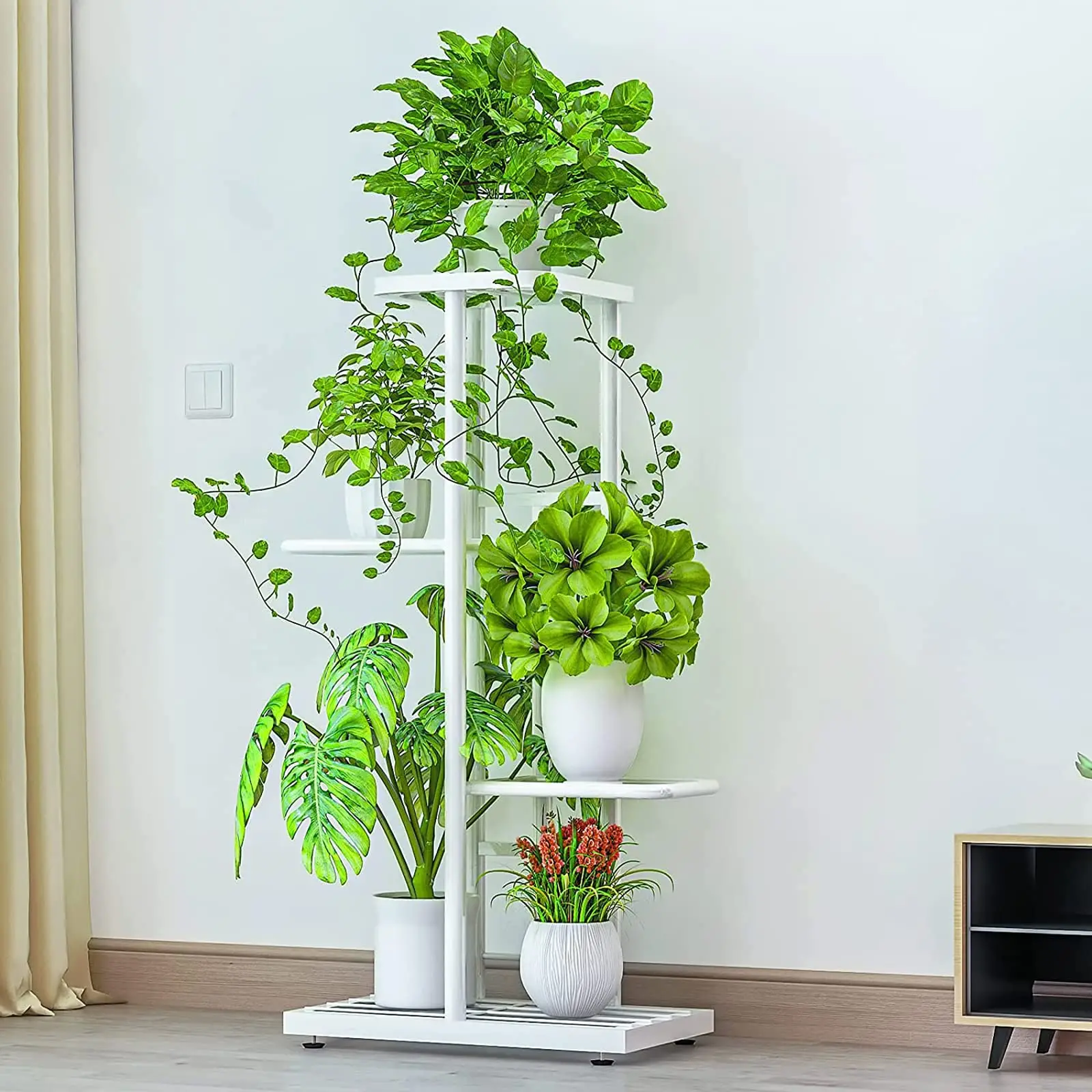 4 Tier Metal Plant Stand Holds 5 Pots Multiple Flower Pot Holder Shelf Indoor Outdoor Planter Display Shelving Unit Corner Rack for Balcony Garden Patio Living Room Decoration