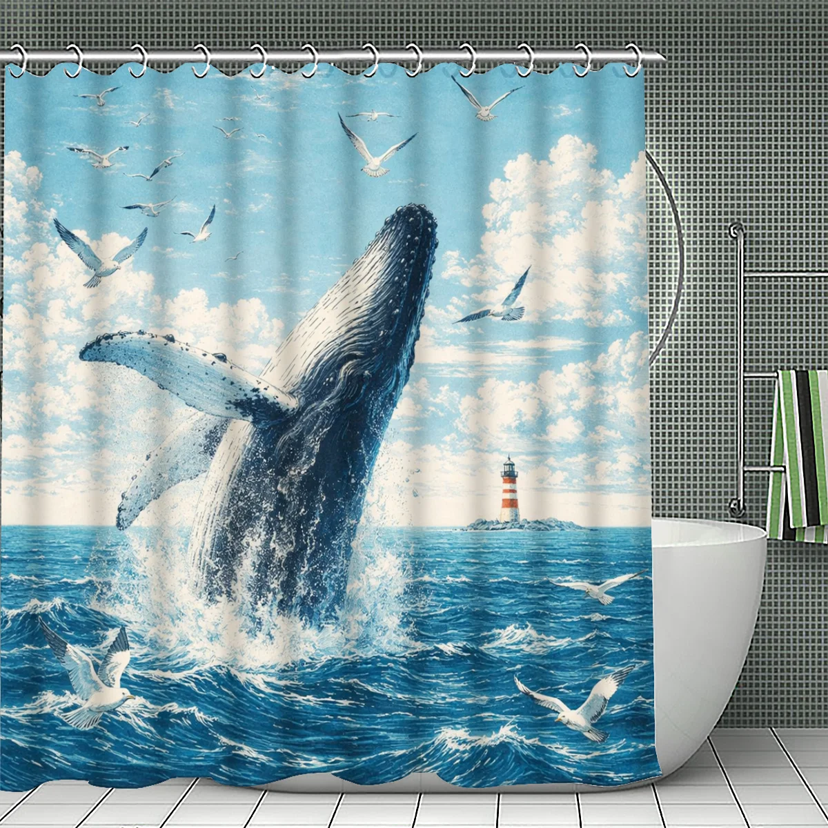 Ocean Whale Jump Illustration Shower Curtain 1pc with 12 Hooks for Bathroom Home Decor Polyester 2D Flat Print 70.8x70.8 Inch