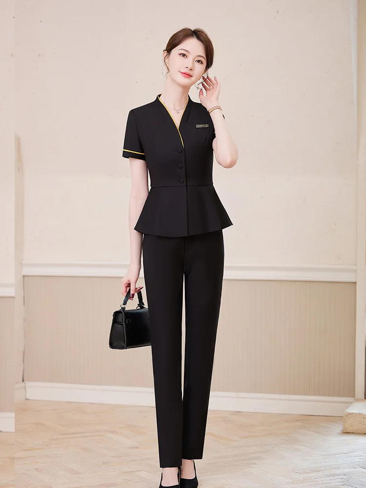 High-end collarless professional women's suit2025Summer short-sleeved work uniform for women in jewelry stores and hotel front d