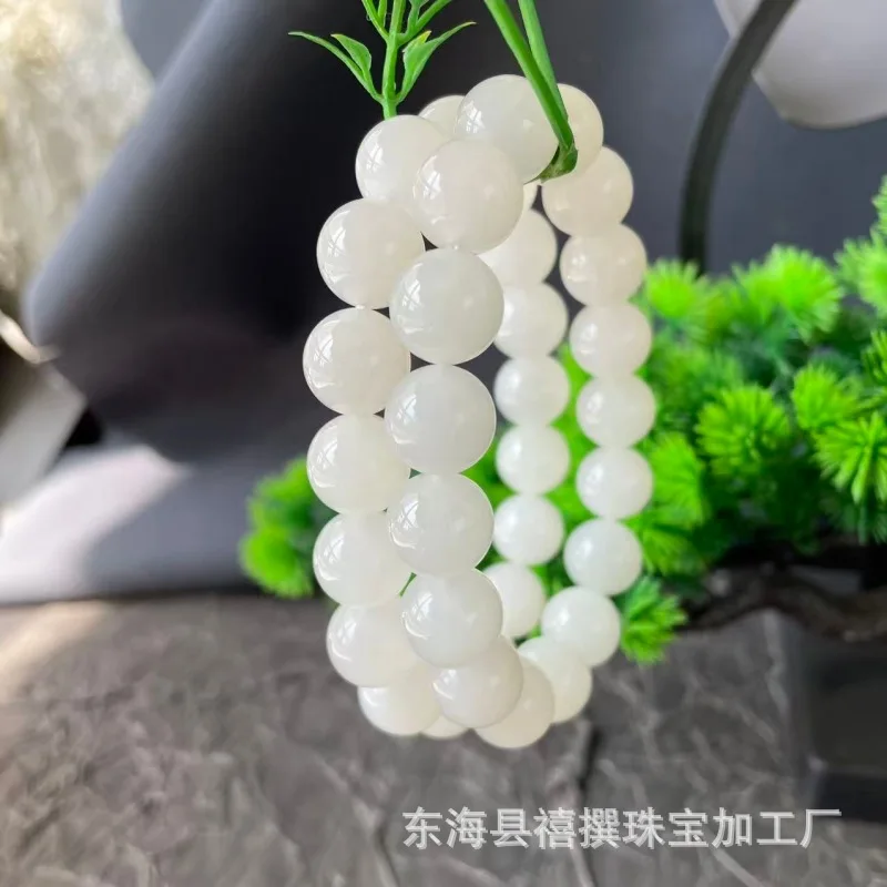 Natural Hetian Qinghai White Jade With-Base Round Beads, Unisex Bracelet, 12Mm Bead String