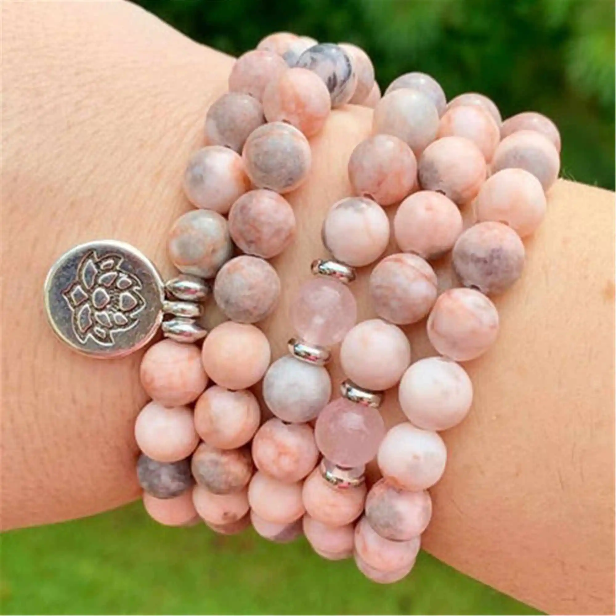 

8mm Natural Pink Zebra Jasper 108 Beads Tassel bracelet Lucky Stones Bangle Women Health Beaded Charm