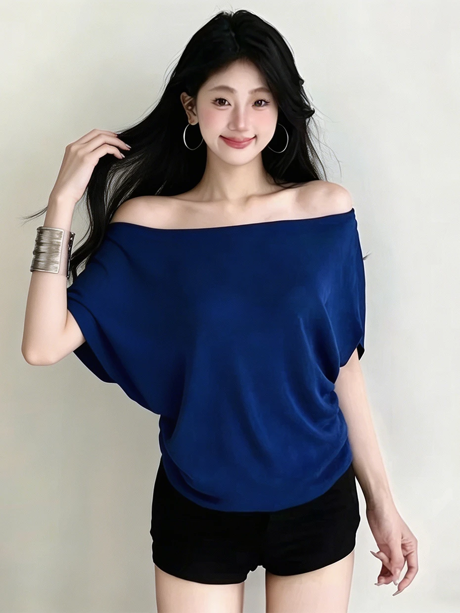 Klein Blue One-Shoulder Short Sleeve T-Shirt Women's Summer Unique Beautiful  Shoulder Slim Fit Short Top
