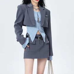 2023 New Sexy Cropped Blazer Skirt 3 peice set Women Elegant Irregular Hollow Out Shirt High Waist Mini Skirt Long Sleeve Suits