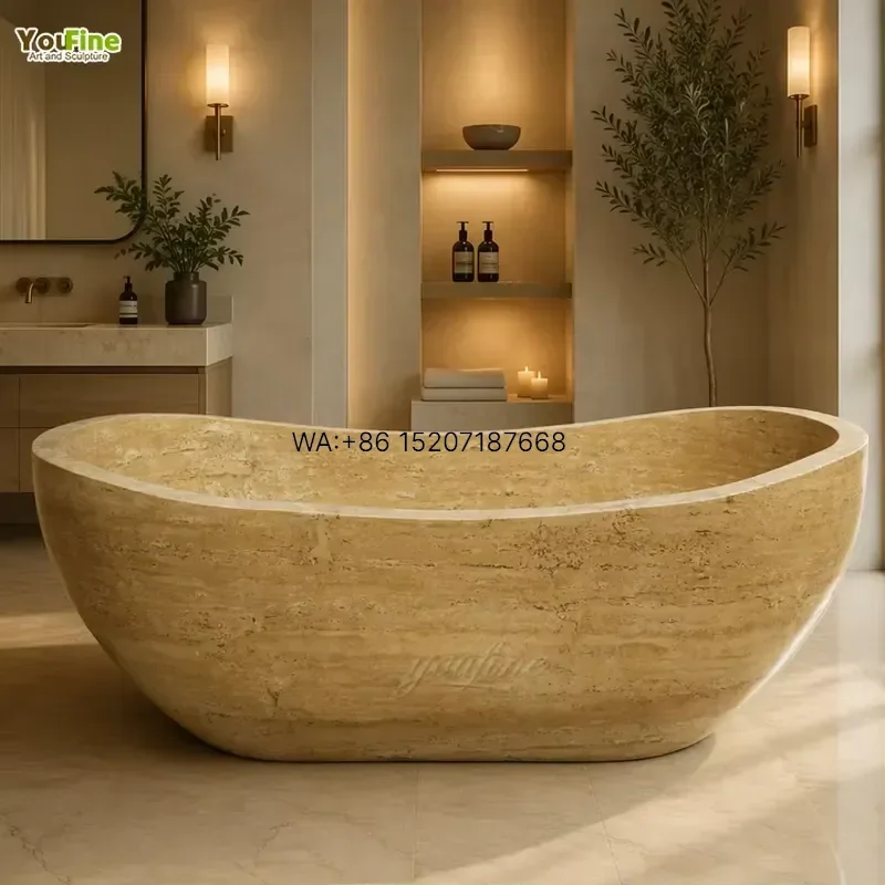 Wmwmnu Natural Travertine Freestanding Bathtub Oval Stone Soaking Tub Hand Carved Luxury Bath for Hotel Villa Home Bathroom