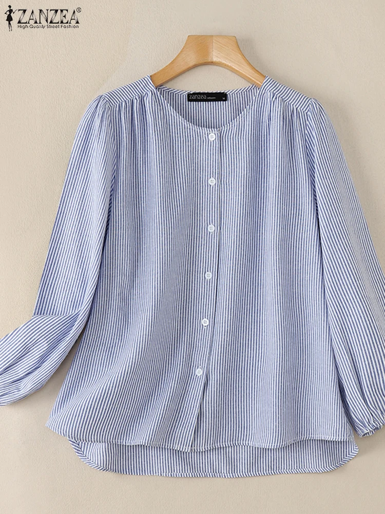 ZANZEA Autumn Elegant Shirt Women Long Lantern Sleeve Striped Blouse Fashion Buttons Down Work Blusas Female Loose Holiday Tops