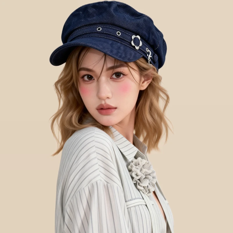 Koreanische Retro Flat-Top-Militärkappe mit Metallnieten für Damen – Steifer Denim-Schirm im Sweet Hot Girl Style mit Herz- und Blumenmuster, achteckige Sonnenkappe – Detail 4