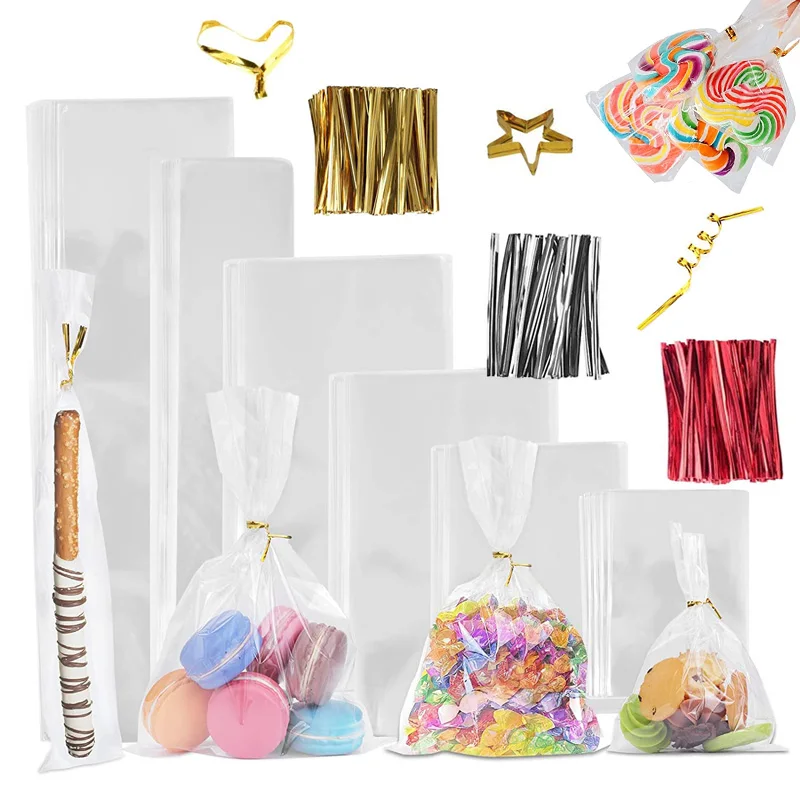 Sacs en cellophane transparents à ouverture plate, 50/100 pièces, pour bonbons, sucettes, biscuits, emballage alimentaire, pochette cadeau pour fête