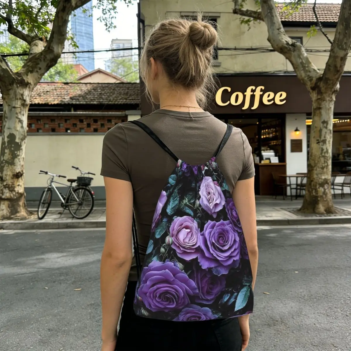 Light Purple Floral Pattern Backpacks Multi-function Drawstring Bundle Pocket Sundries Bag Book Bags for Travel School