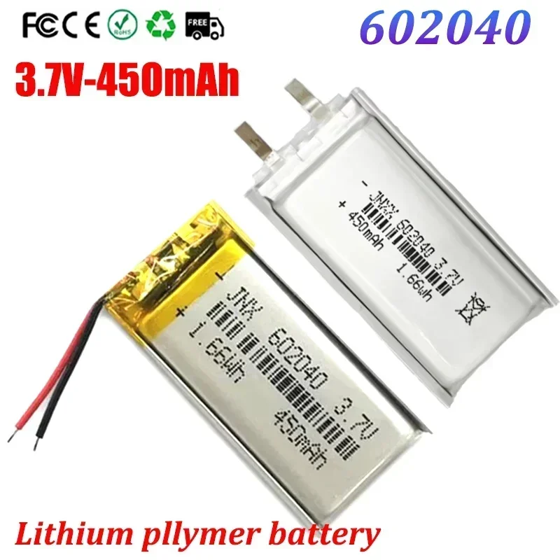 602040 3.7V Rechargeable Polymer Li-Ion Battery 450mAh Suitable for Backup Power PC 552040 601949 DVR GPS Electric Toothbrush