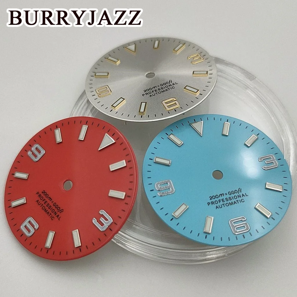 BURRYJAZZ 29mm sin logotipo NH35 NH36 ETA2824 2836 PT5000 Miyota 8215 esferas de reloj negro azul esfera luminosa ajuste 3 en punto corona de caja