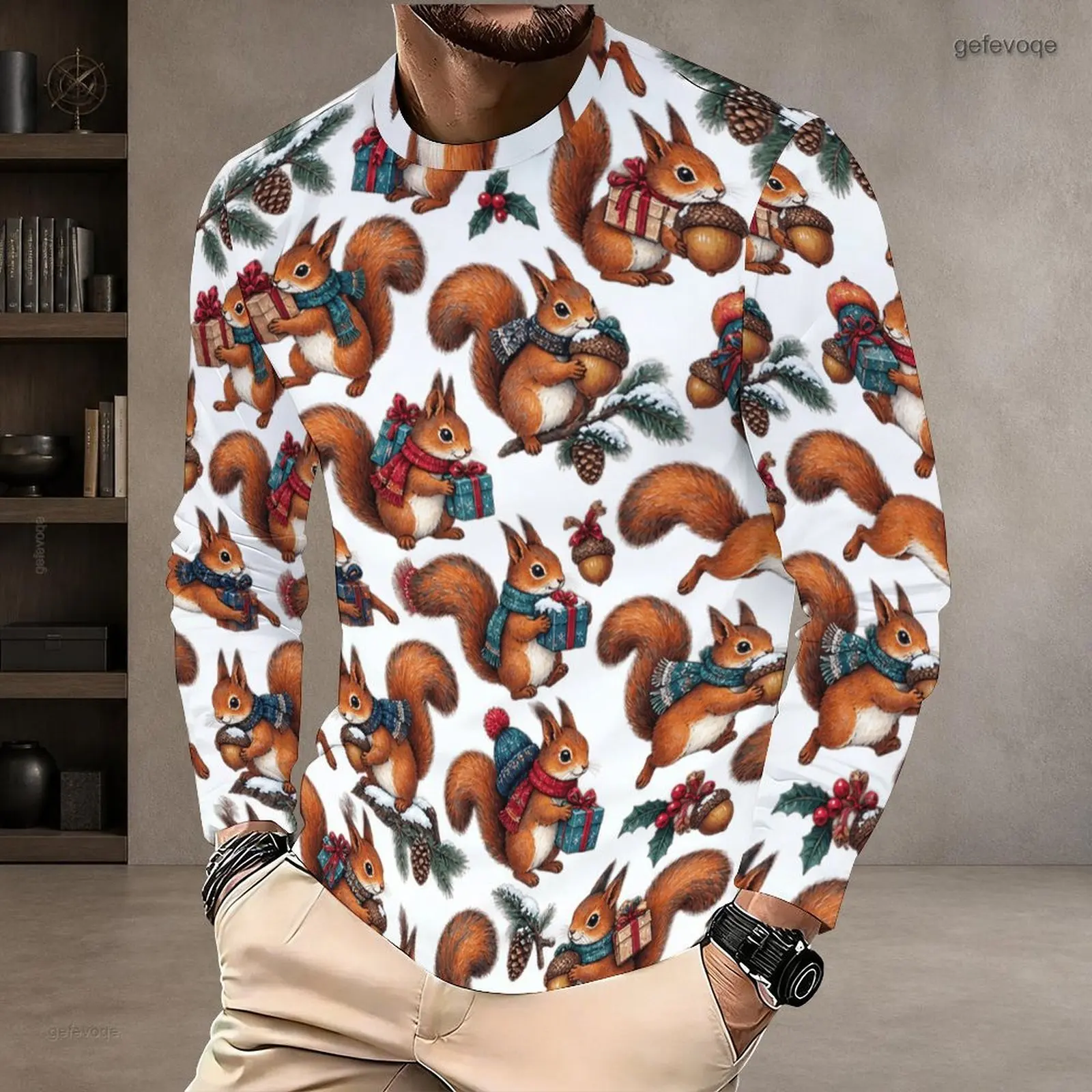 Men Round Neck Long Sleeve T-shirt Allover Printed Christmas Snowman Cookie Floral Snowflake Pattern
