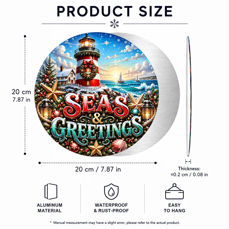 Christmas Lighthouse Seas & Greetings Aluminum Sign, Coastal Lighthouse Sailboat Starfish Snowy Winter & Holiday Wreath Design