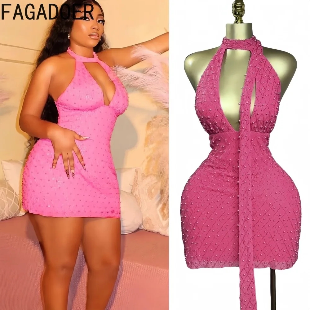 

FAGADOER Sexy Bead Patchwork Bodycon Mini Dress for Woman Halter Hollow Out Backless Dresses Female Streetwear Vestidos Summer