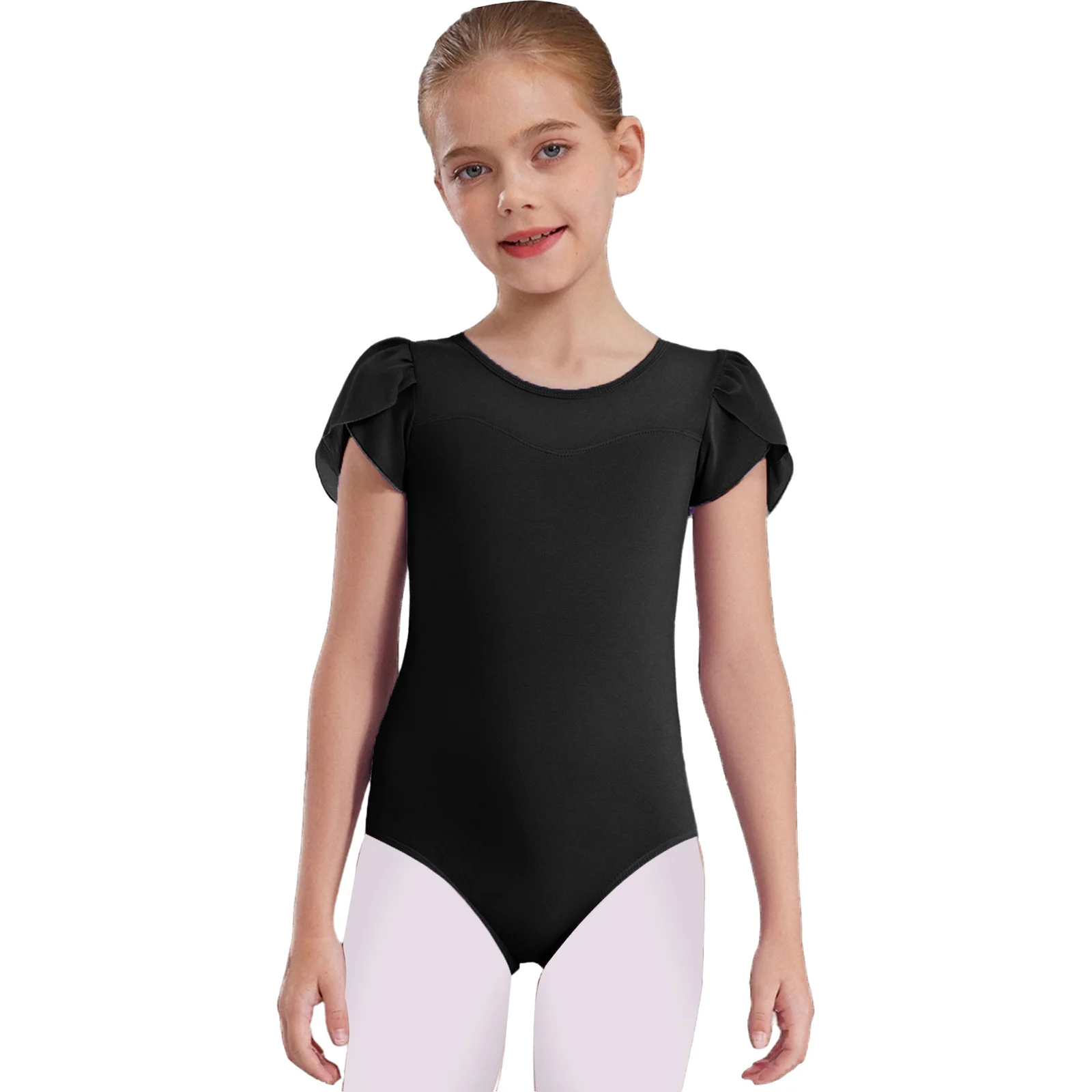 

Girls Keyhole Knot Back Dance Ballet Leotards Short Petal Sleeves Gymnastics Leotards Bodysuit Figure Skating Dancing Costumes