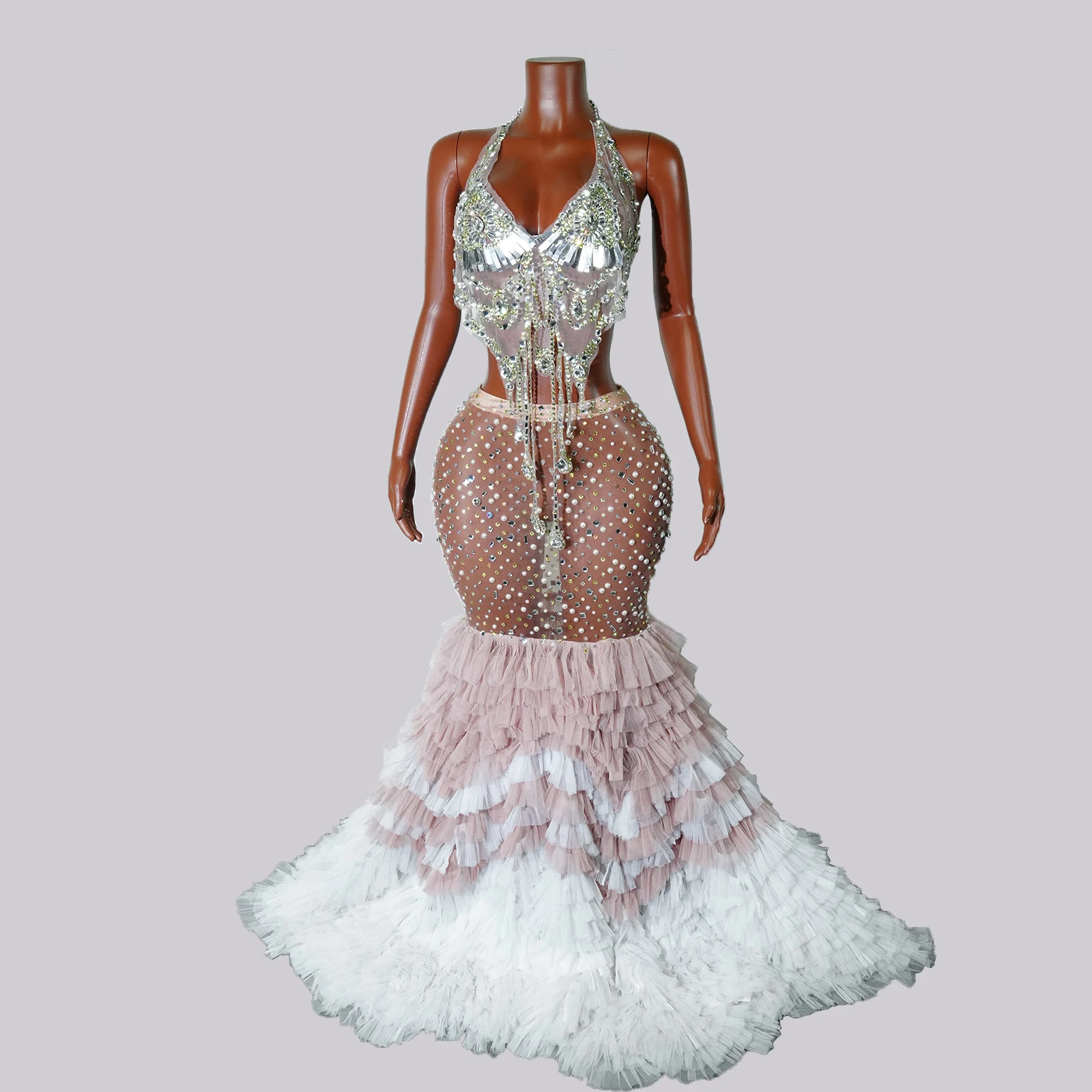 Glitter zilveren strass jurk 2-delig doorzichtig mesh kant vieren drag queen podiumkleding avondfeest zanger showkostuum