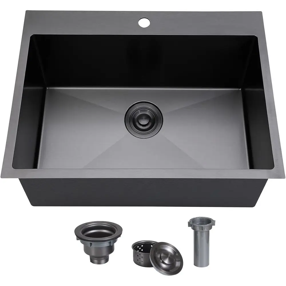 

Drop In Kitchen Sink, 25 Inch Gunmetal Black Bar RV Laundry Utility Outdoor Stainless Steel 16 Gauge Single Bowl Deep Small Kitc
