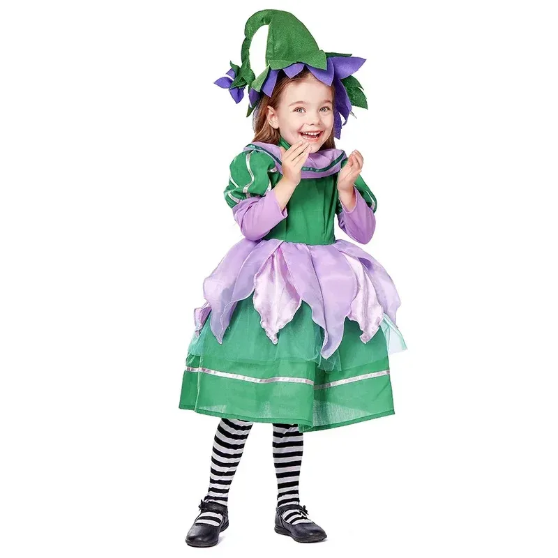 2025 Cosplay de Halloween púrpura verde jardín elfo princesa Hada Munchkin disfraz de niña de las flores niños Purim Halloween vestido elegante
