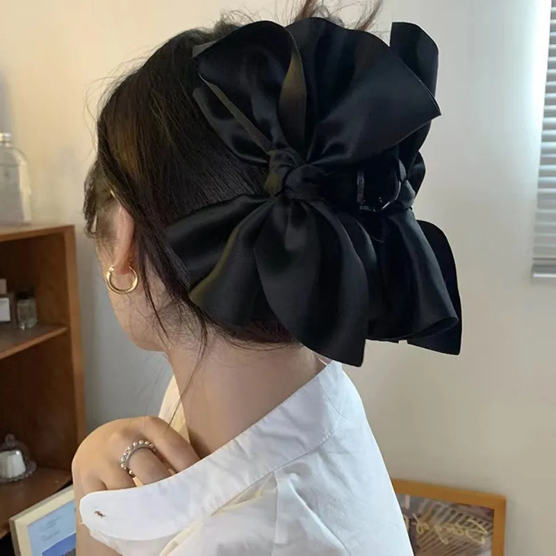Große schwarze Schleife aus Satin, Haarklammer, elegant, rutschfest, starker Halt, Haarklammer für dickes Haar, Zubehör – Detail 3