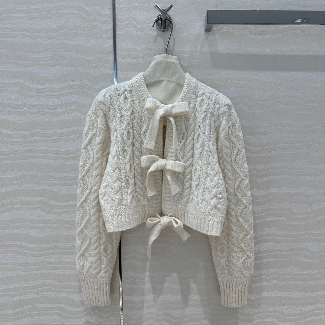 New Autumn Fashion Plush Yarn Sweet Short Design Knitted Cardigans Women O-neck Bow Lace-up Twist Crochet Vintage Sweater