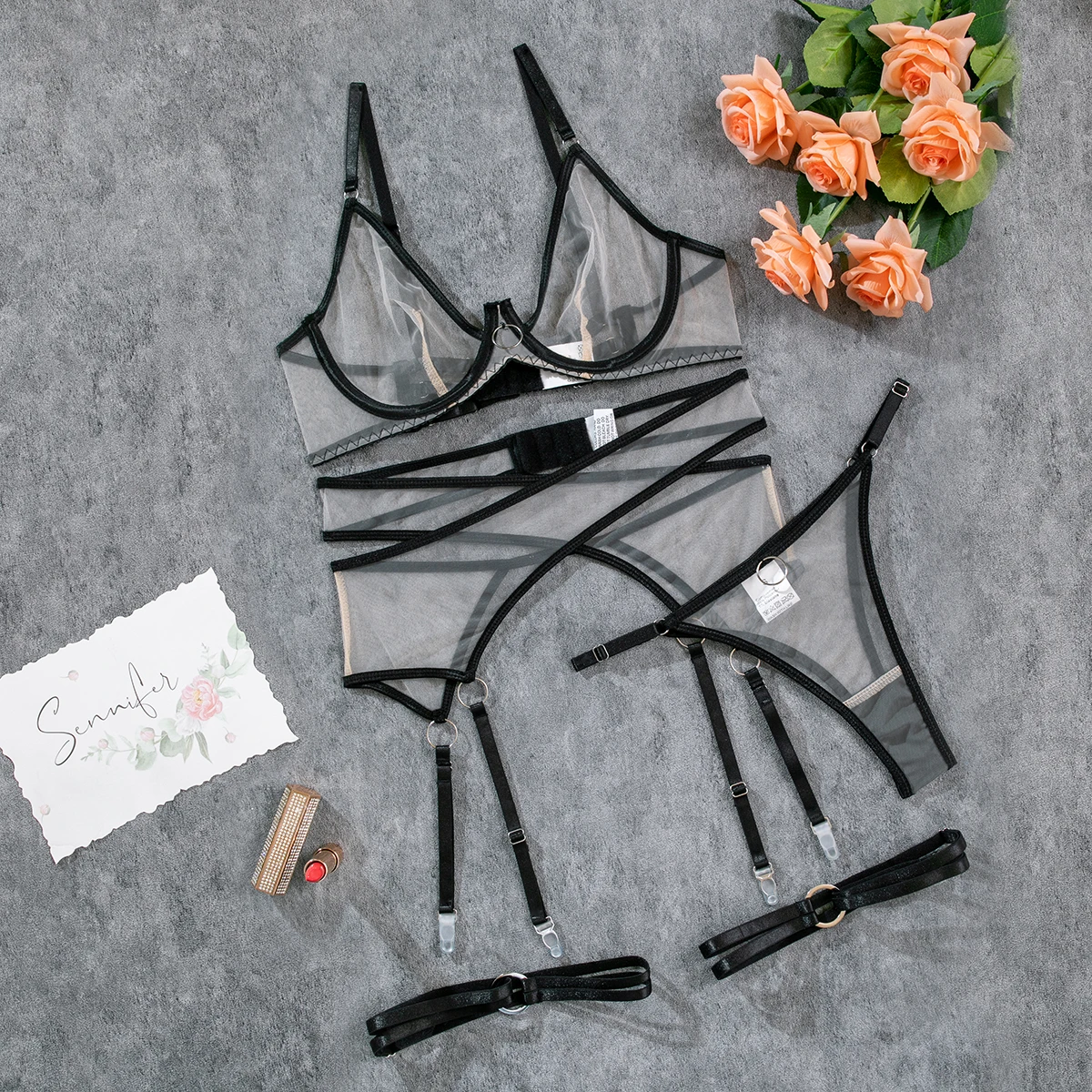 See Through Sheer Mesh Lingerie Set Ladies Sexy Panty Underwear Set with Color Block Trim Fancy Lingerie Fine Bra and Panty Set - Image 6