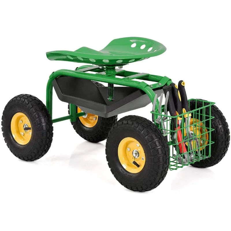 

Garden Cart with Seat, Heavy Duty Gardening Work Stools w/Height Adjustable Seat & 10’’ Large Wheels, Rolling Garden Scooter