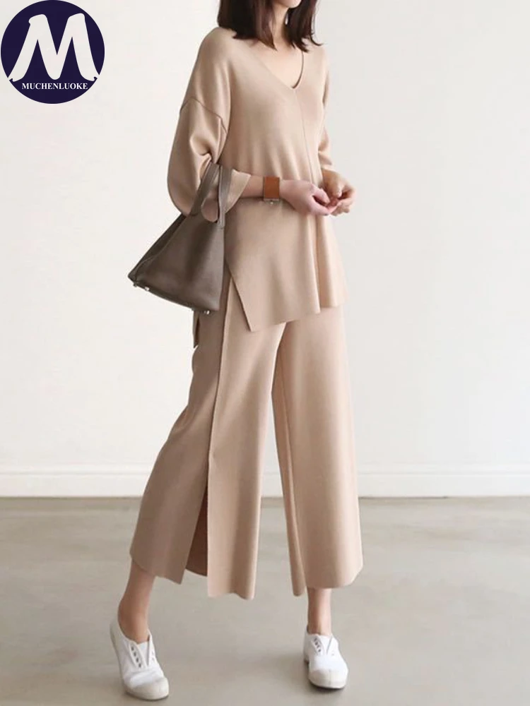 

2 Piece Sets Women Outfit Spring Autumn New Style Korean Fashion V Neck Tops Suits Casual Loose Side Split Wide Leg Pant Sets