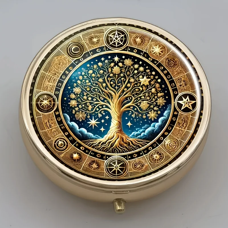 Exquisite Classical Beauty Tree of Life Mandala 3 Compartment Pill Box - Portable Golden Round Design with Constellation and Starry Night Sky Art, Small Travel and Purse Organizer, Hypoallergenic Plasticmetal - Party Favor Birthday Christmas Gift