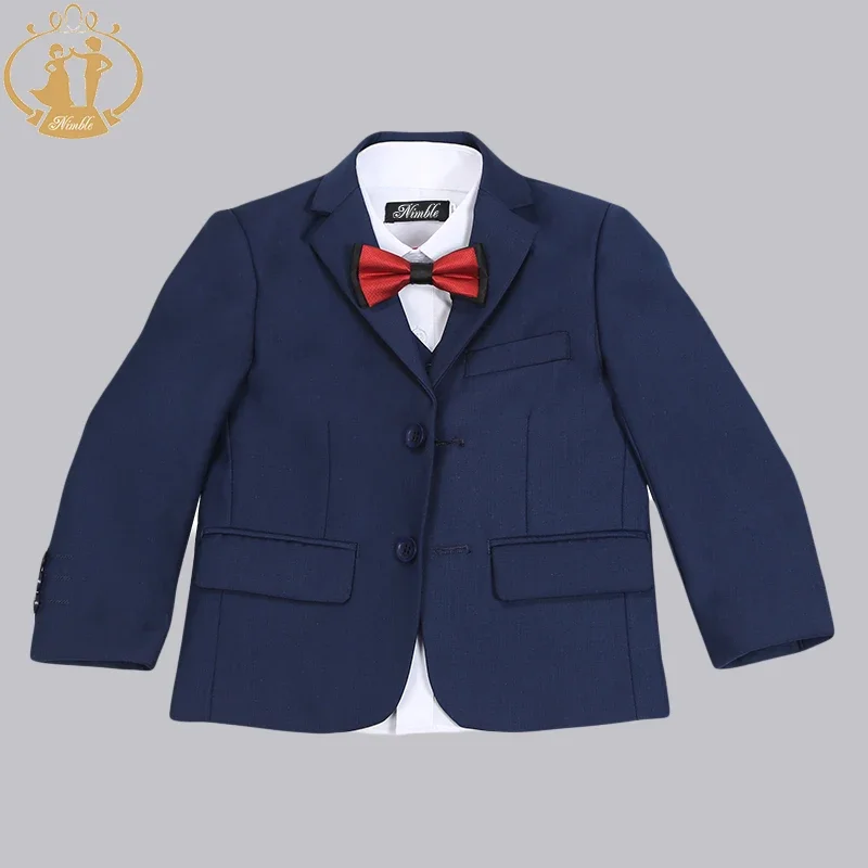 Spring Autumn Formal Boys Suits for Weddings Children Party Host Costume 3Pcs Blue Blazer Vest Pants Wholesale Clothing