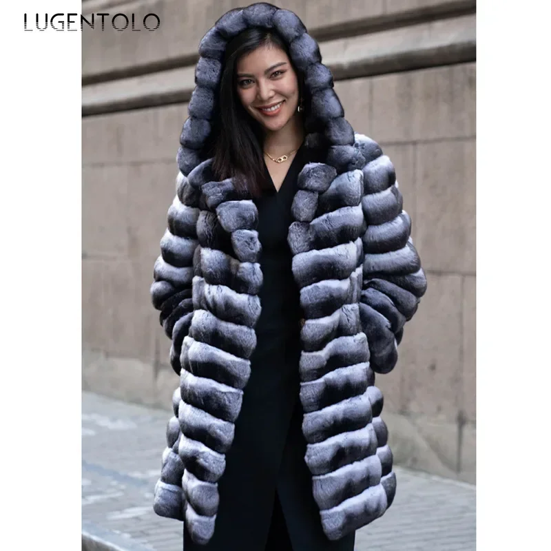 Women Warm Faux Fur Hooded Coat New Winter Elegant Lady High Quality Fashion Street Comfort Cardigan Outwear Lugentolo