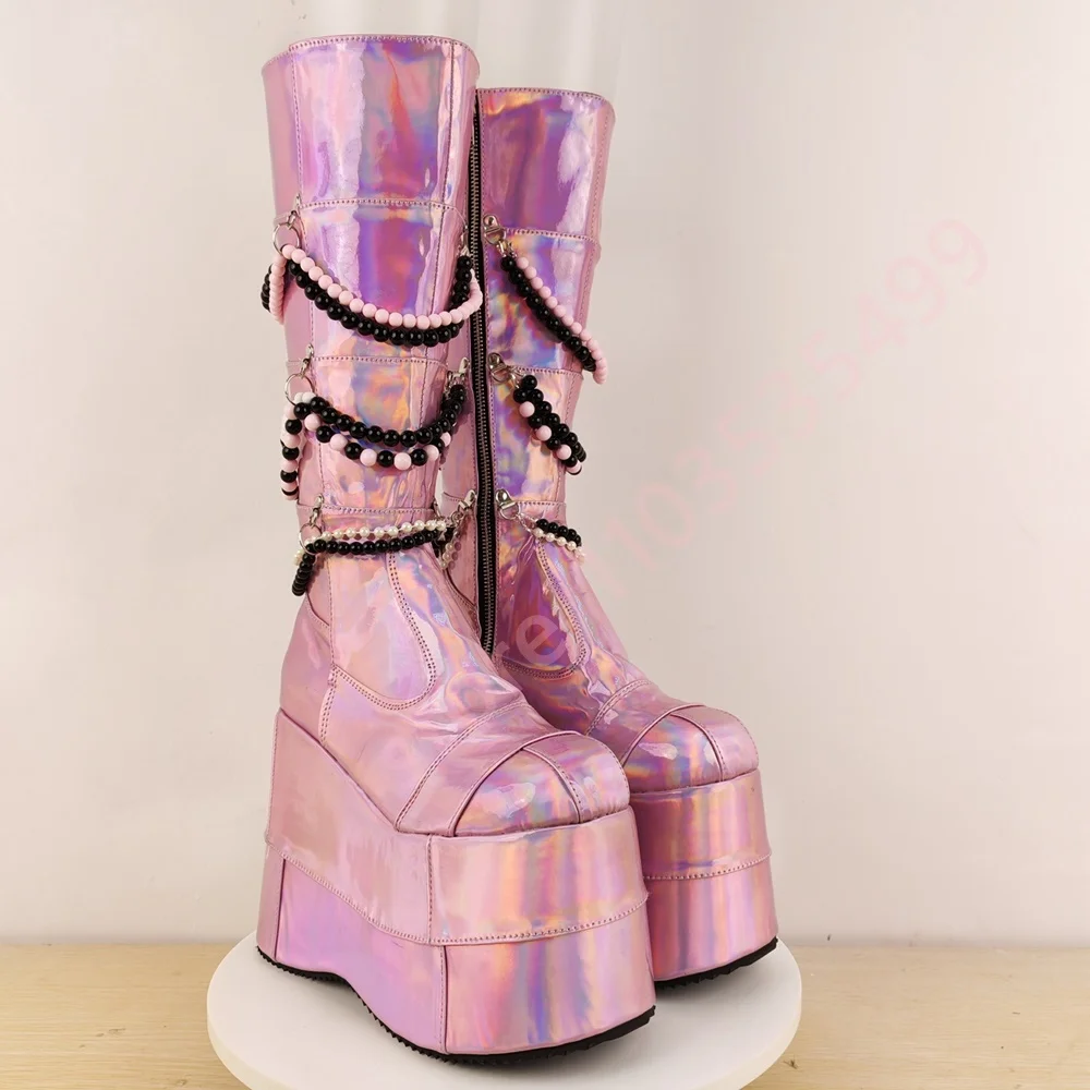 

Pink Platform Punk Stage Boots 2025 New Round Toe Wedge Heel Street Rock Gothic Long Boots Fashion Women's Party Casual Boots