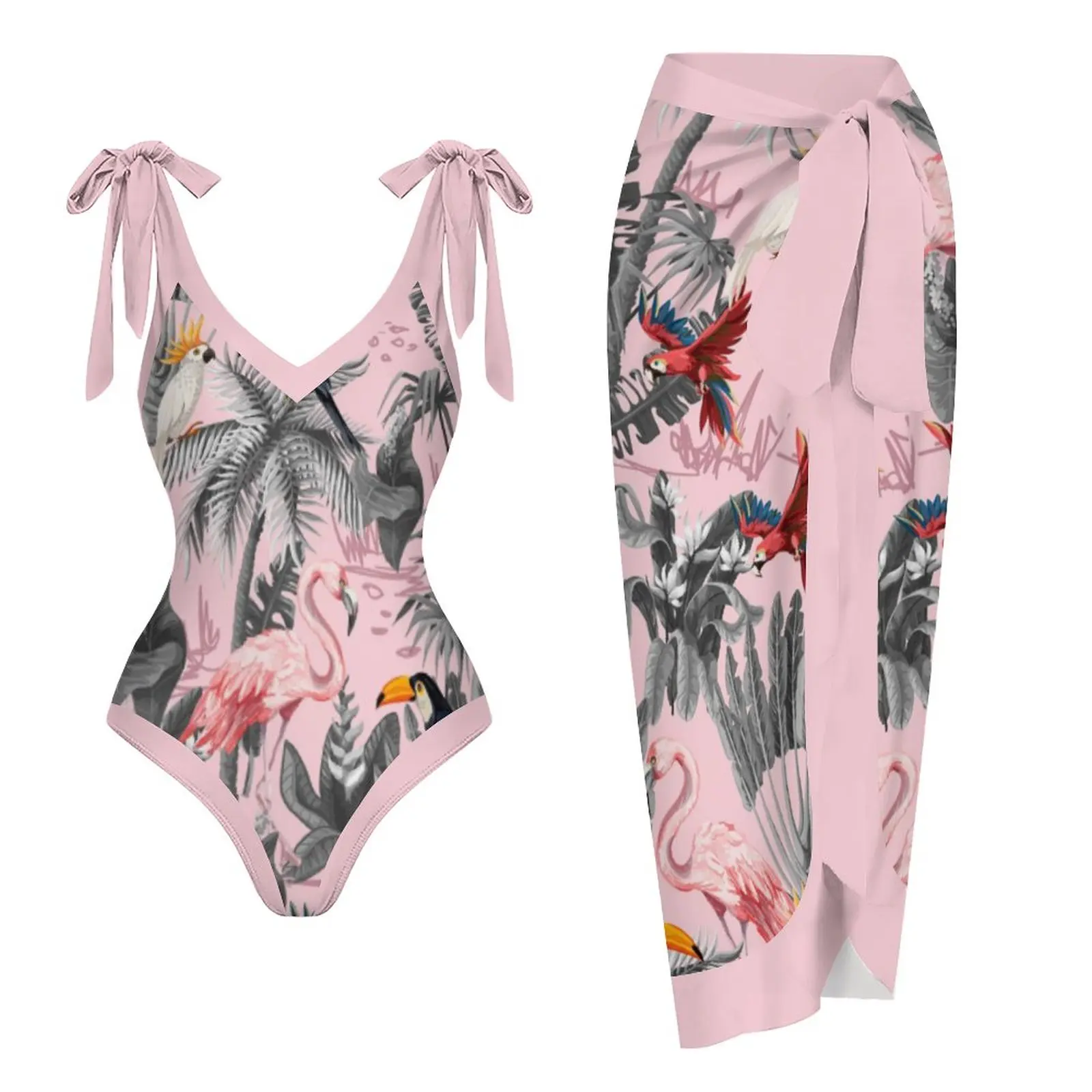 

Women's Swimwear V Neck Floral Print One Piece Swimsuit and Cover Up Beach Wear Backless Pink Bathing Suits New Fashion 2023