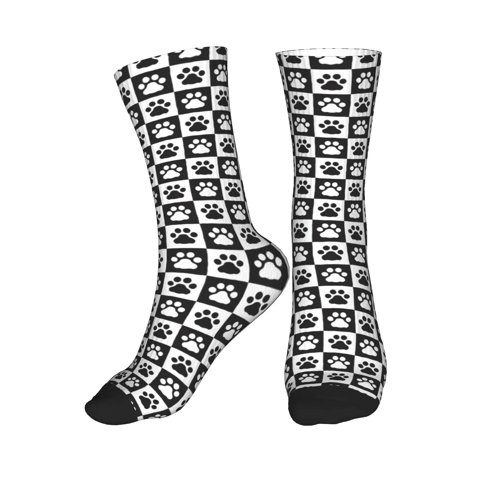

Funny Printed Dog Paw Footprint Checked Pattern Socks for Women Men Stretch Summer Autumn Winter Crew Socks