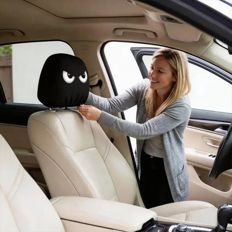 2PC Black Skull Car Print Headrest Cover Universal Stretchy Spooky Fun Universal Head Cover Auto Parts Christmas Decoration