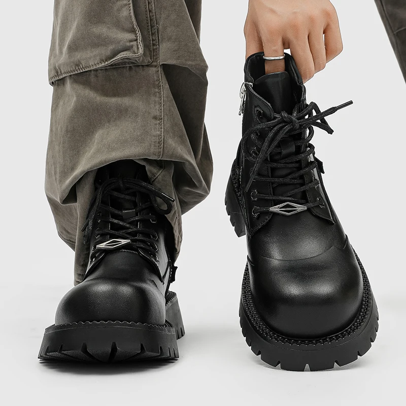 Men Autumn and Winter Big Head Height Increasing Motorcycle Boots Side Zipper Tie Up Anti Slip Simple Thick Sole Work Boots