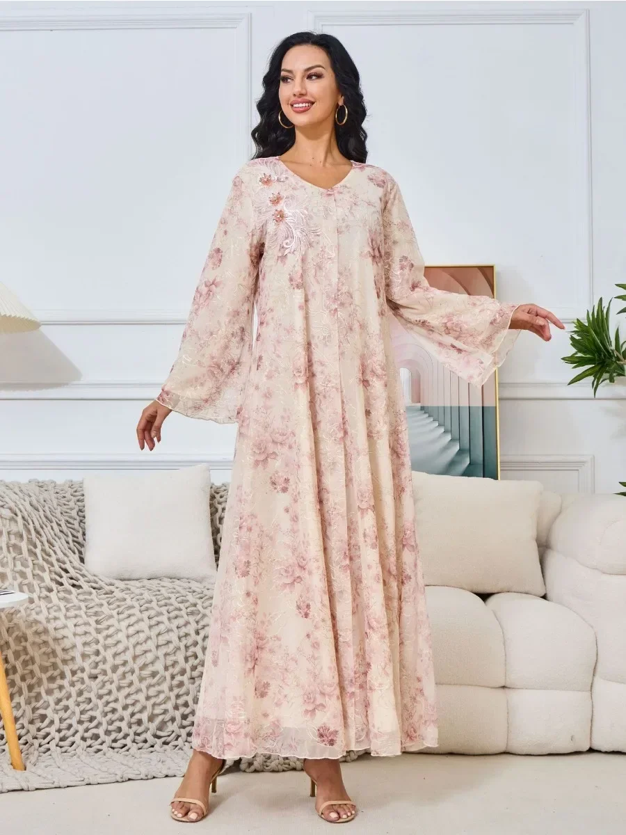 Eid Dubai Muslim Party Dress for Women Abaya Print Beading Jalabiya Long Dresses Morocco Kaftan Vestidos Ramadan Gown Robe 2025