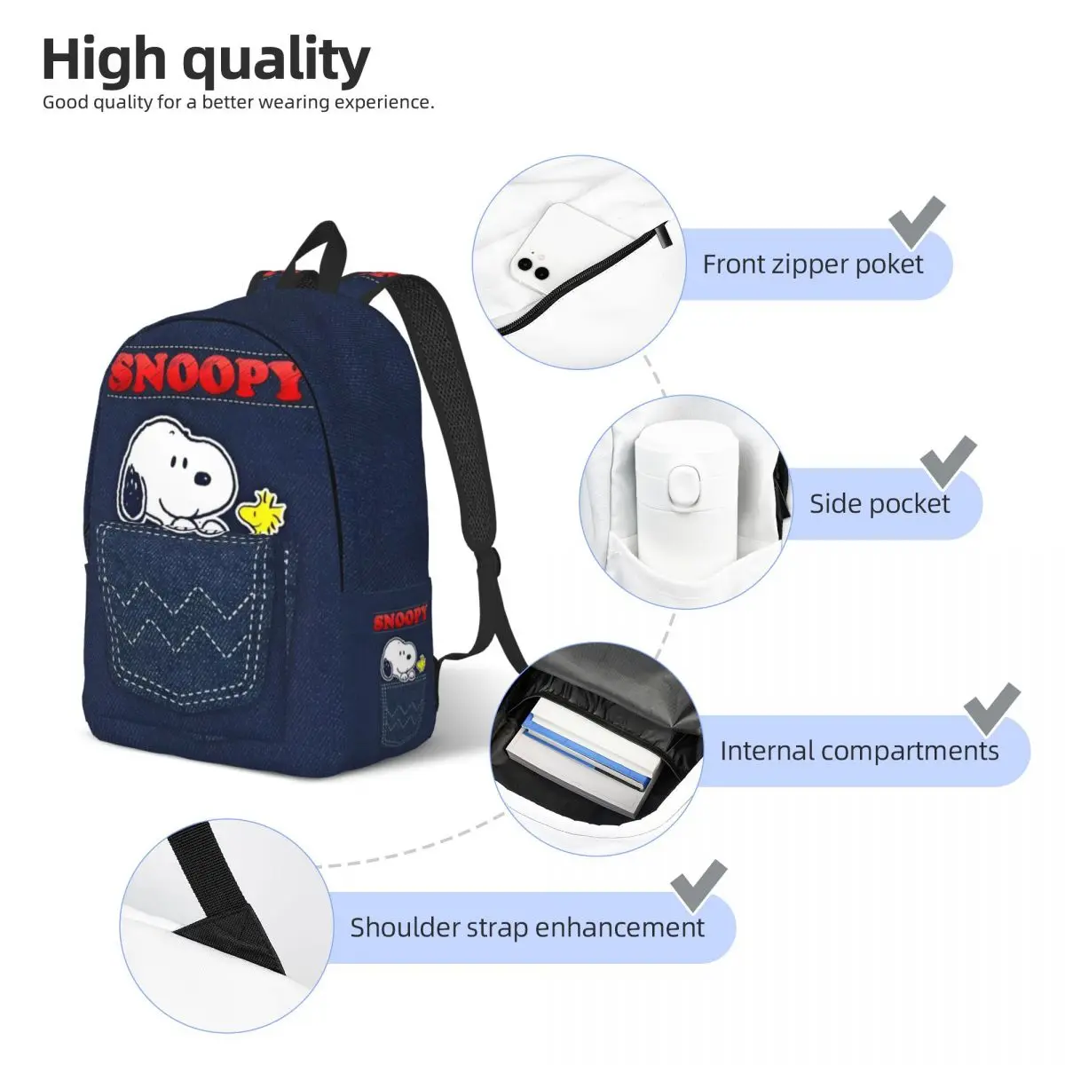 Cute Cartoon Snoopy Classical Backpack Durable Student Hiking Travel Denim Print Daypack for Men Women Laptop Canvas Bags