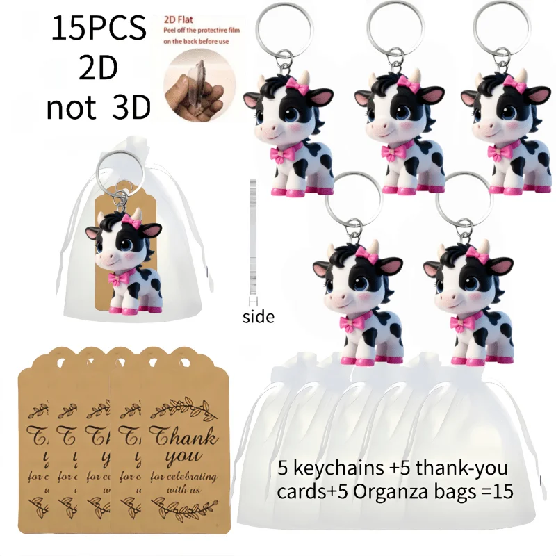 5sets Cartoon Cow Keychain Including Acrylic 2D Pendant & Thank You Cards & Gift Organza Bags Backpacks Accessory Party Giveaway