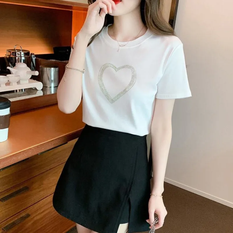 Female Clothing 2023 Summer New Round Neck Short Sleeve Korean Loose Women's T-shirt Love Hot Diamond Fashion Casual Tops