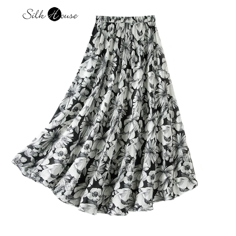 Fashion Women's Clothing 3-meter Large Swing 100% Natural Mulberry Silk Satin Thin Elegant Printed A-line Elastic Waist Skirt